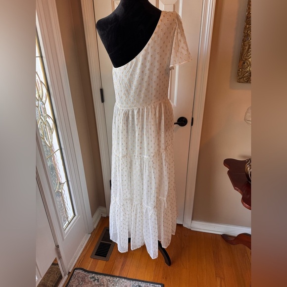 Lulu's One Shoulder White and Gold Midi Dress - Picture 6 of 7
